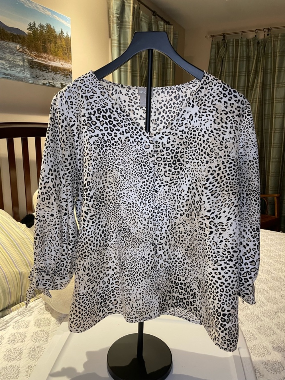 Chico's White and Black Leopard-Print V-Neck Blouse